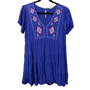 JODIFL Women's Small Blue Embroidered Tiered Babydoll Mini‎ Dress